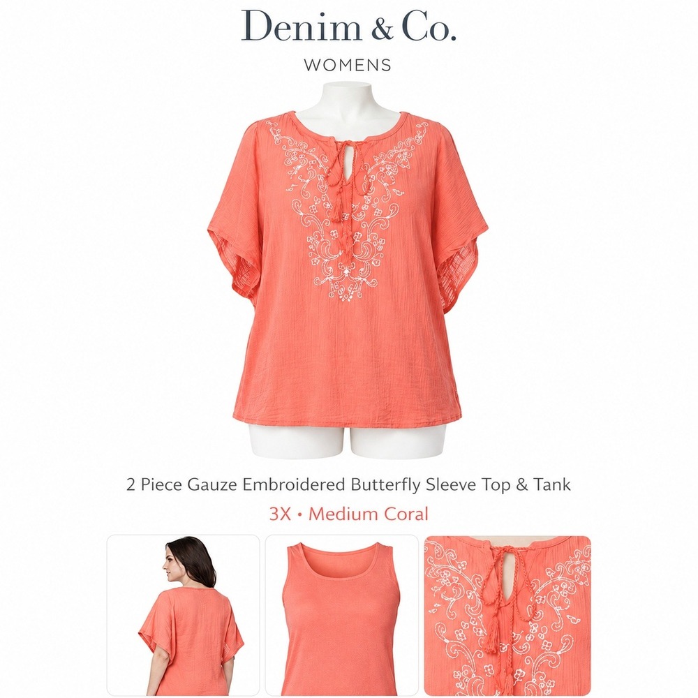 Denim & Co Womens 2 Piece Gauze Embroidered Butterfly Sleeve Top & Tank Coral 3X